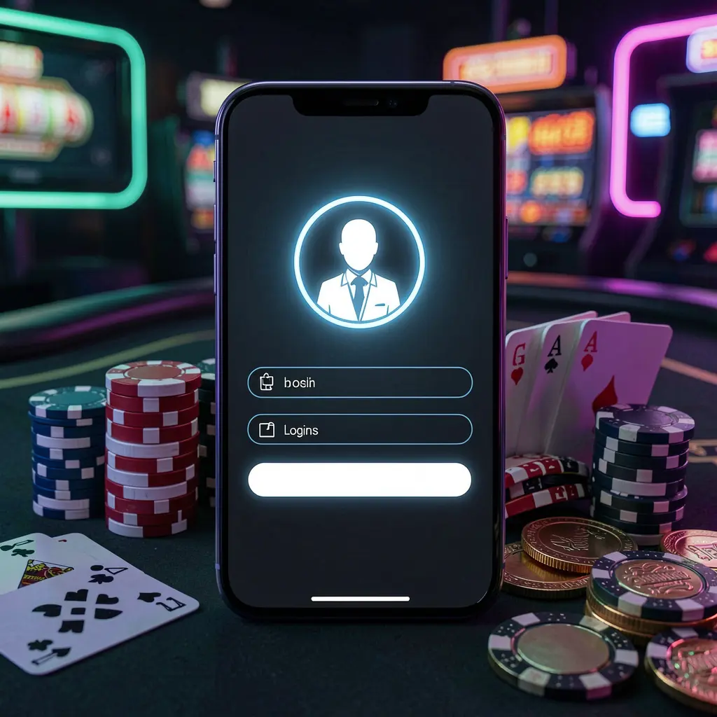 Tela de login do aplicativo de cassino 5K5K5K em um smartphone com um ícone luminoso de perfil de usuário, cercado por fichas de pôquer, cartas de baralho e moedas sobre um elegante fundo escuro com destaques em neon