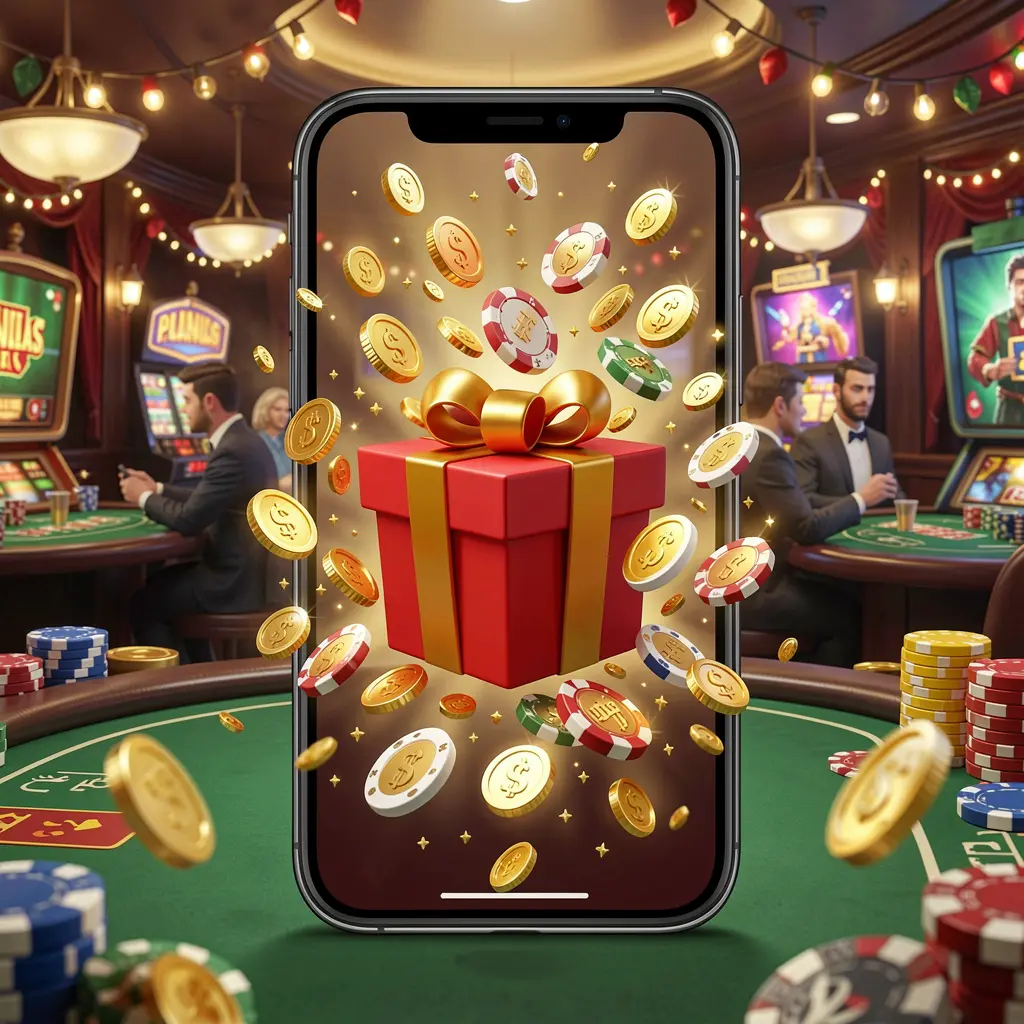 Conceito de aplicativo móvel de bônus de cassino 5K5K5K mostrando a tela de um celular com uma caixa de presente e moedas explodindo para fora em uma atmosfera festiva de cassino