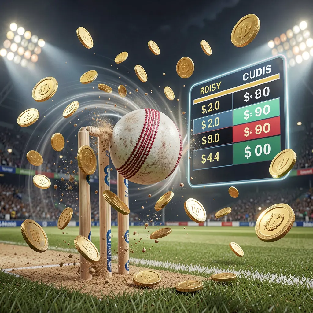 Banner de apostas em partida de críquete 5K5K5K mostrando uma bola de críquete atingindo os wickets com movimento dinâmico, luzes do estádio ao fundo, interface de odds flutuante e moedas, criando uma atmosfera esportiva premium
