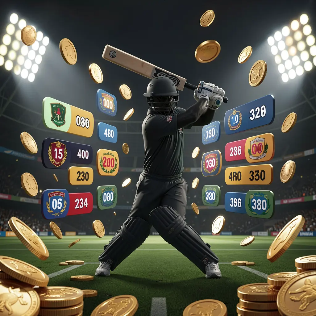 Visual de odds ao vivo de críquete 5K5K5K apresentando a silhueta de um jogador de críquete rebatendo sob as luzes do estádio, com gráficos de odds flutuantes e moedas douradas sobre um fundo esportivo escuro premium