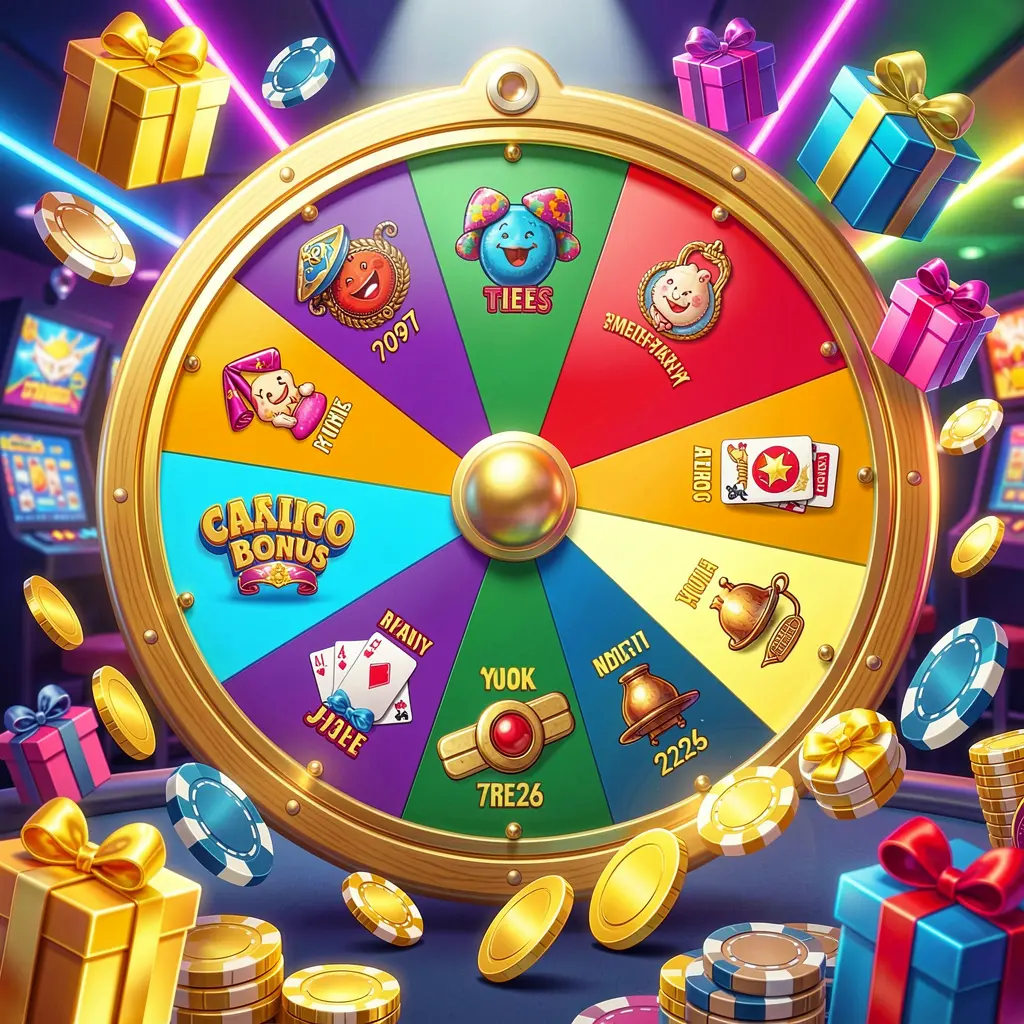 Roda de bônus de cassino 5K5K5K com seções coloridas de prêmios cercadas por moedas douradas, fichas e caixas de presente sob luzes brilhantes de neon de cassino em uma composição dinâmica