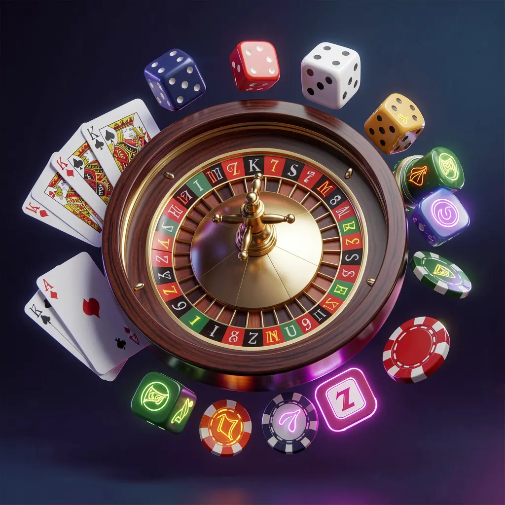 Coleção de jogos de cassino online 5K5K5K apresentando uma roda de roleta, cartas de blackjack, dados, símbolos de caça-níqueis e fichas de pôquer flutuando juntos com brilho neon em uma renderização 3D premium