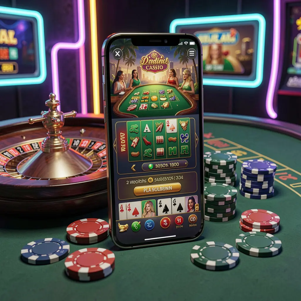 Conceito de plataforma de cassino online 5K5K5K com um smartphone exibindo uma interface luminosa de cassino, cercado por uma roda de roleta e fichas de pôquer sobre um fundo premium em neon