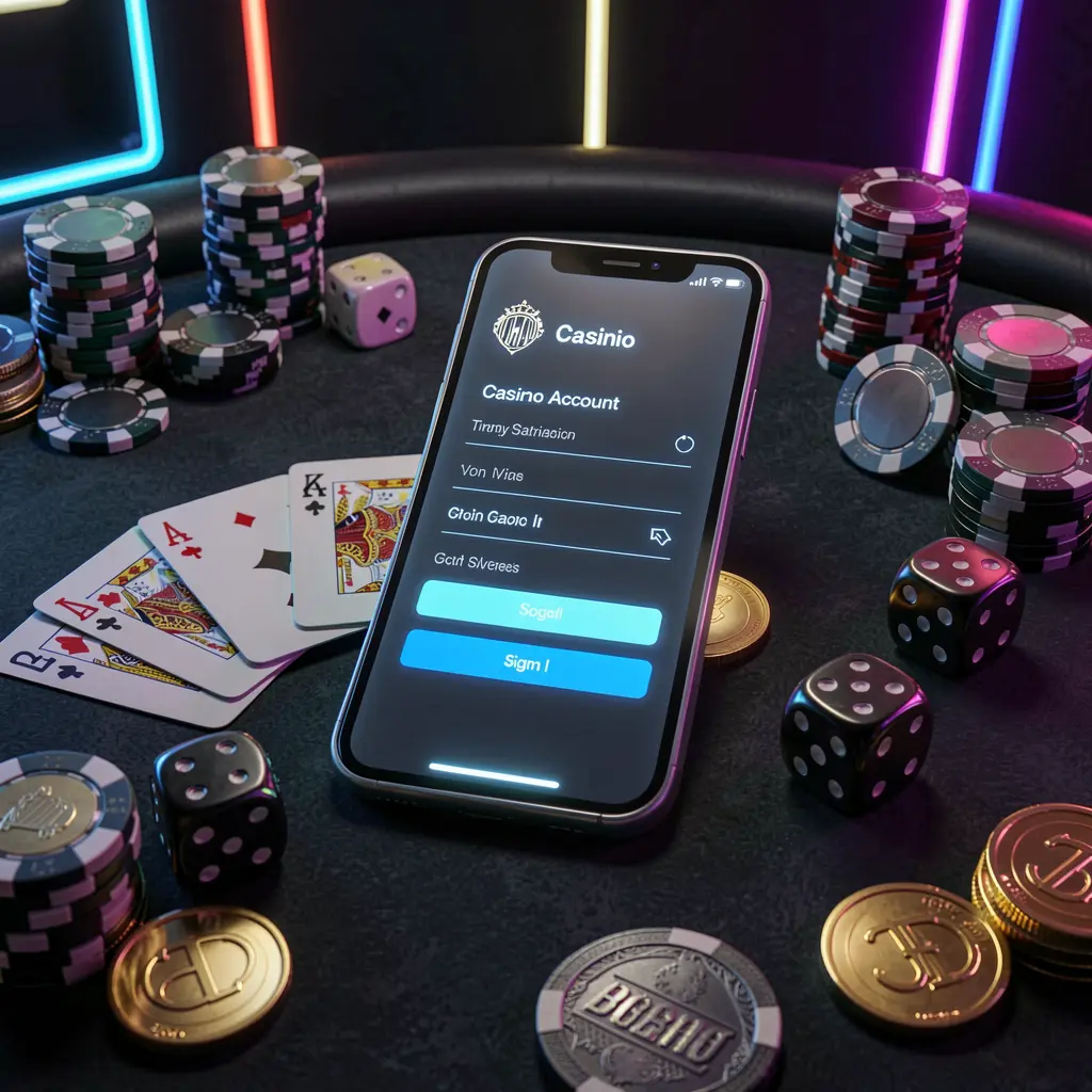 Cena de login na conta do cassino 5K5K5K com smartphone luminoso sobre uma mesa de cassino cercado por cartas, fichas, dados e moedas de ouro sobre um elegante fundo escuro com destaques em neon