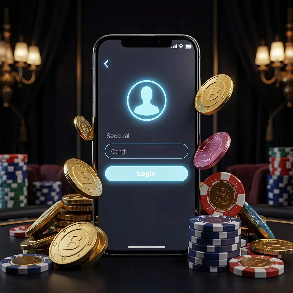 Banner principal da página de login do cassino online 5K5K5K apresentando um smartphone moderno com uma tela de login segura, ícone luminoso de perfil de usuário, moedas douradas e fichas de pôquer ao redor sobre um fundo escuro luxuoso