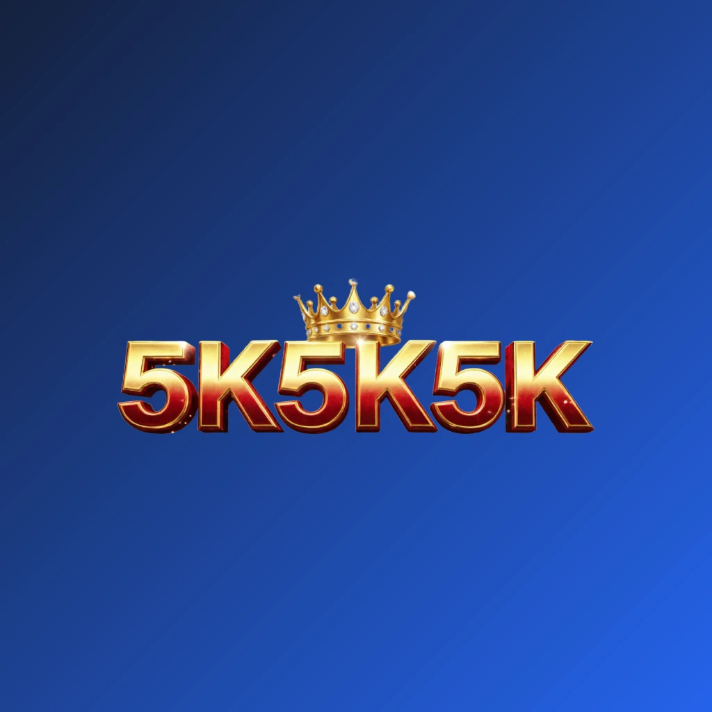 Logotipo retangular horizontal dinâmico em estilo de cassino para 5K5K5K, com letras enormes e em negrito em cores dourado brilhante e carmesim, com uma coroa luminosa e efeitos de luz cintilantes sobre um fundo transparente