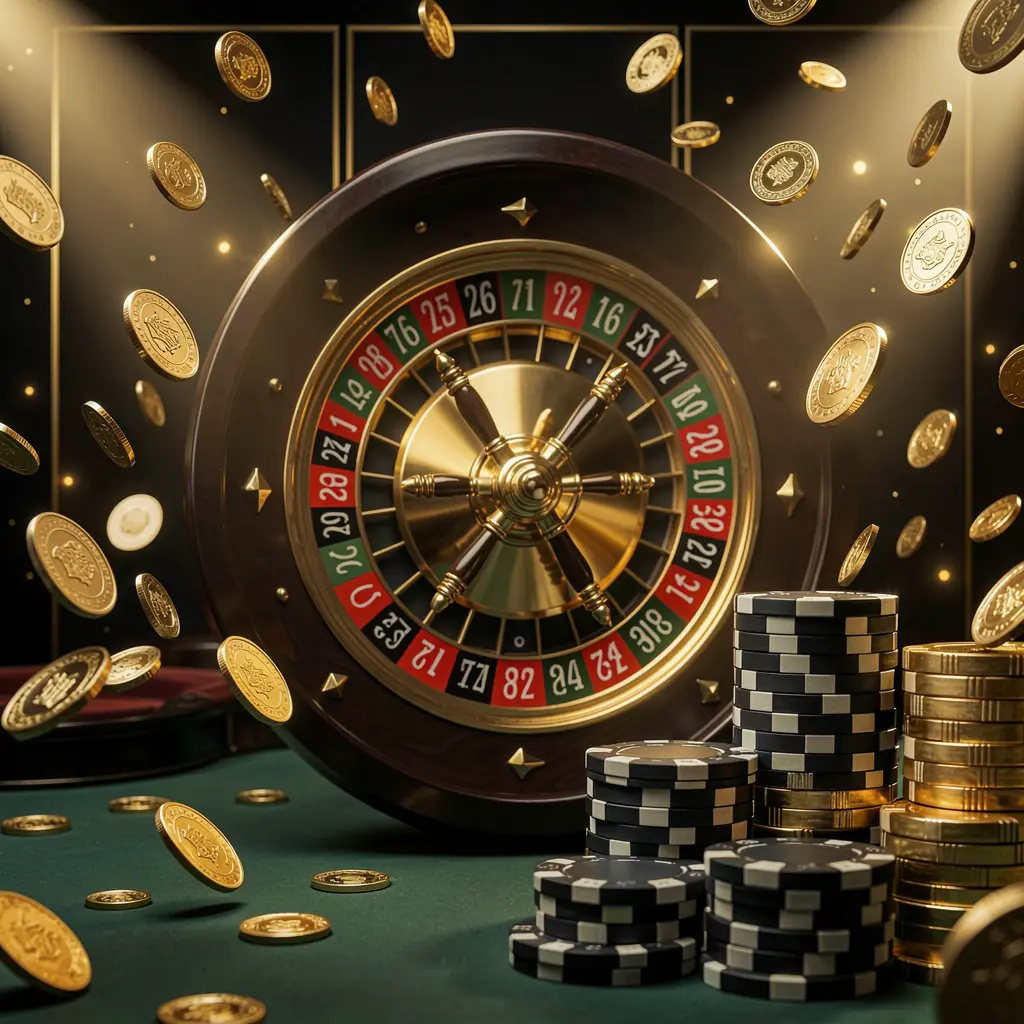 Fundo da página principal do cassino online 5K5K5K com luzes dramáticas de cassino, moedas douradas voando, fichas de pôquer empilhadas em primeiro plano e uma roda de roleta ao fundo em uma atmosfera luxuosa de preto e dourado
